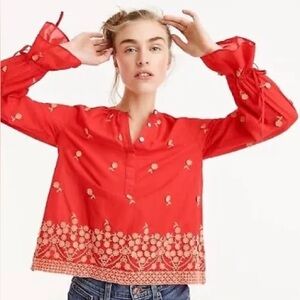 J. Crew Red Blouse with Bell Sleeves and Mandarin Collar